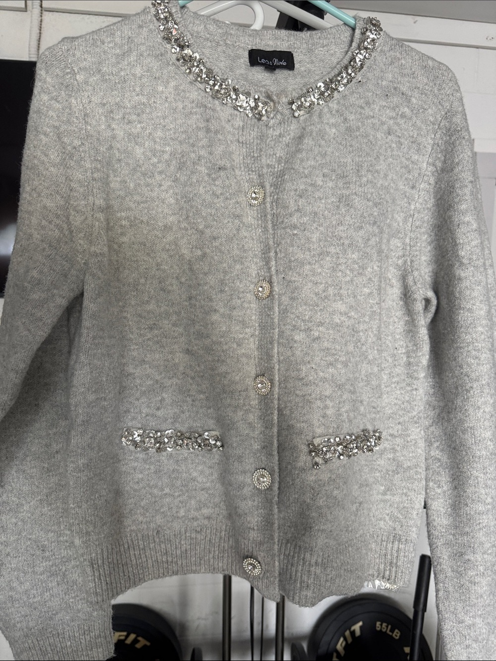 Lea & Viola Embellished Wool-Blend Cardigan Gray